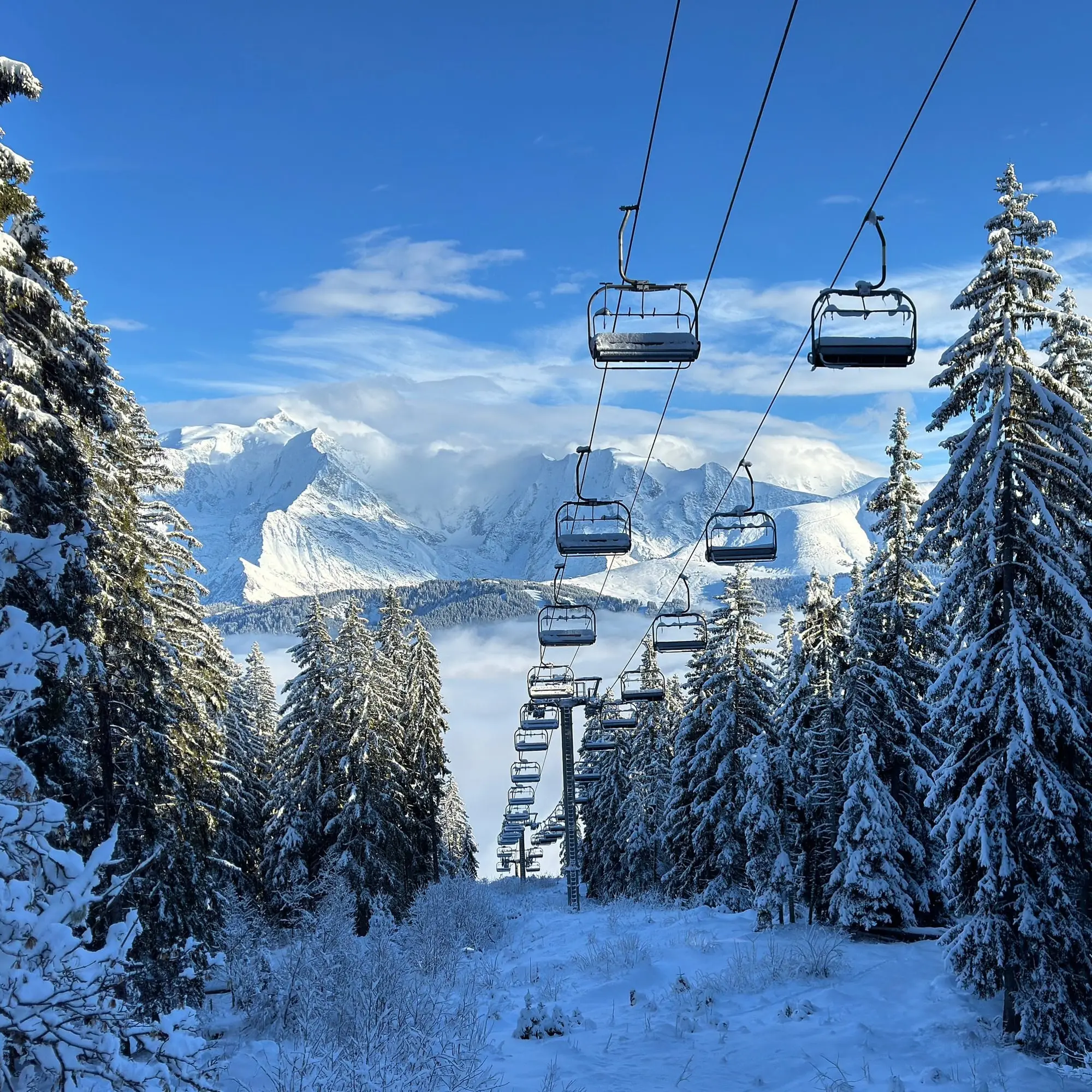 Le télésiège dans la forêt enneigée, le massif du Mont-Blanc au fond