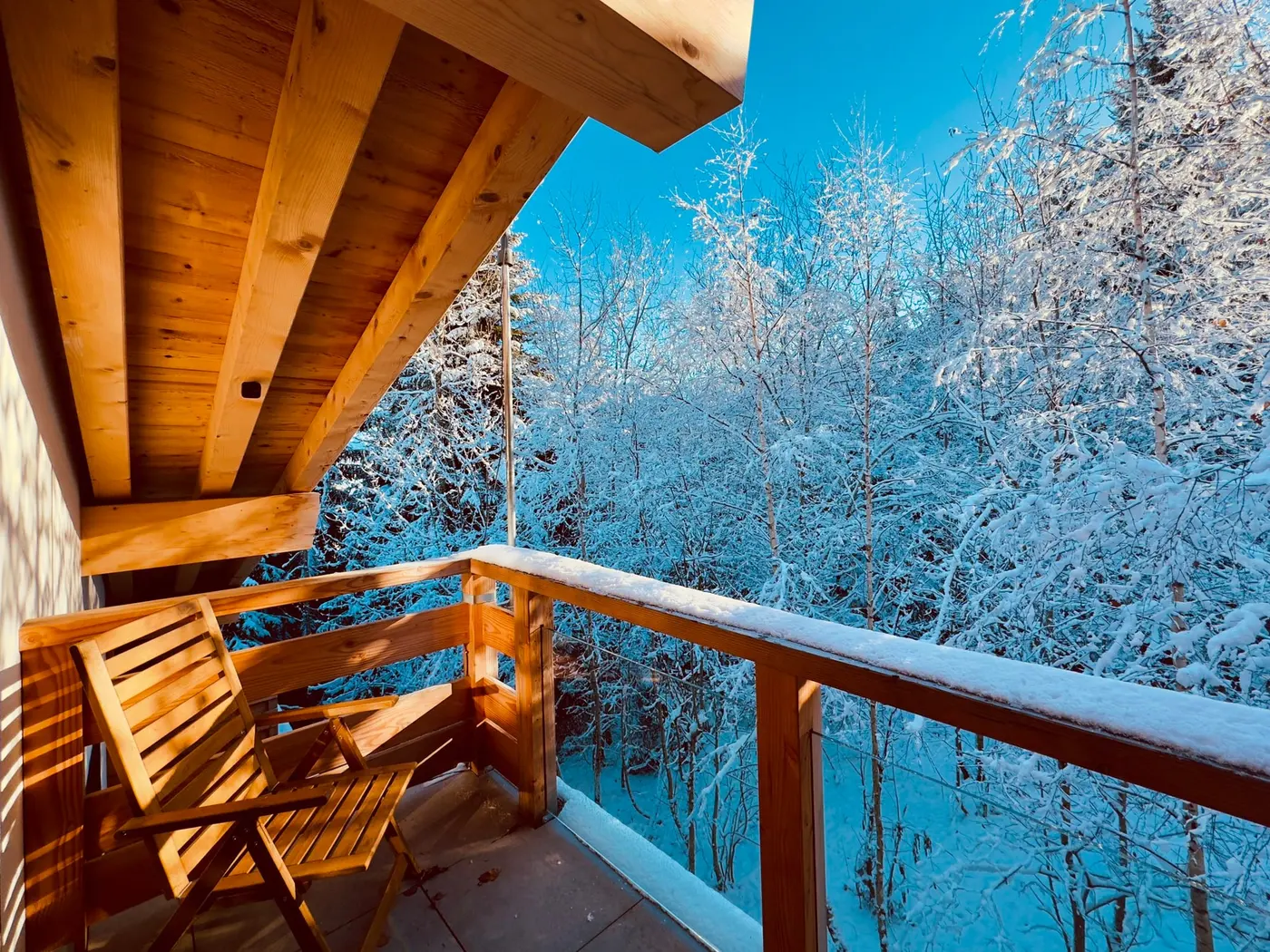 Le balcon de la chambre Mont-Blanc sous la neige