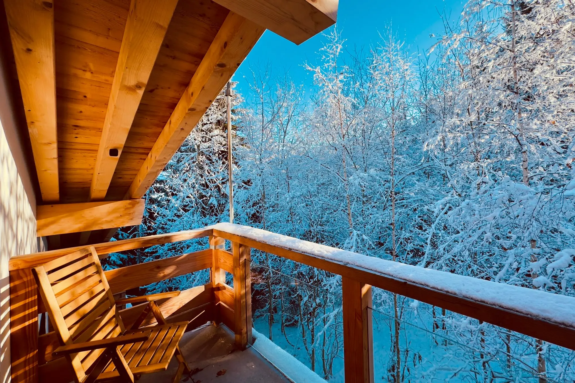 Le balcon de la chambre Mont-Blanc sous la neige